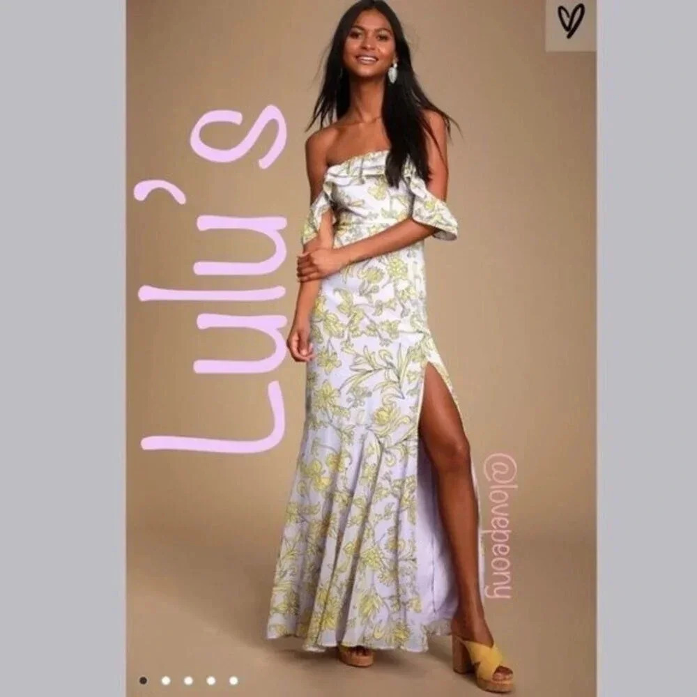 Lulu’s Adelaide Lavender Floral Off-the-Shoulder Dress